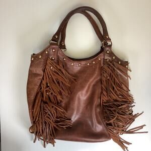 Raj Fringe Brown Leather Tote Hobo Shoulder Bag Purse Anthropologie Boho Western